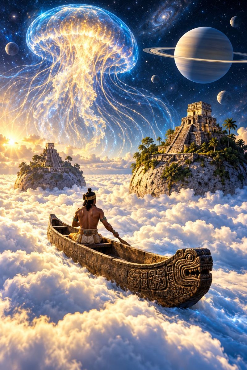 Bateau canot canoe kayak canoeiste canoeistes Dans une scène surréaliste, un homme pagaie sur un canot en bois à travers d'épais nuages. Les flancs du canot sont ornés de gravures complexes, dont une figure ressemblant à un dragon. L'homme est torse nu, coiffé d'une coiffe et de bracelets. Derrière lui, deux îles flottantes aux anciennes structures pyramidales sont visibles, entourées de palmiers. Le ciel est rempli de corps célestes, dont une grande planète avec des anneaux, une méduse rougeoyante et diverses lunes et étoiles. L'arrière-plan présente un ciel bleu profond avec un soupçon de coucher de soleil.