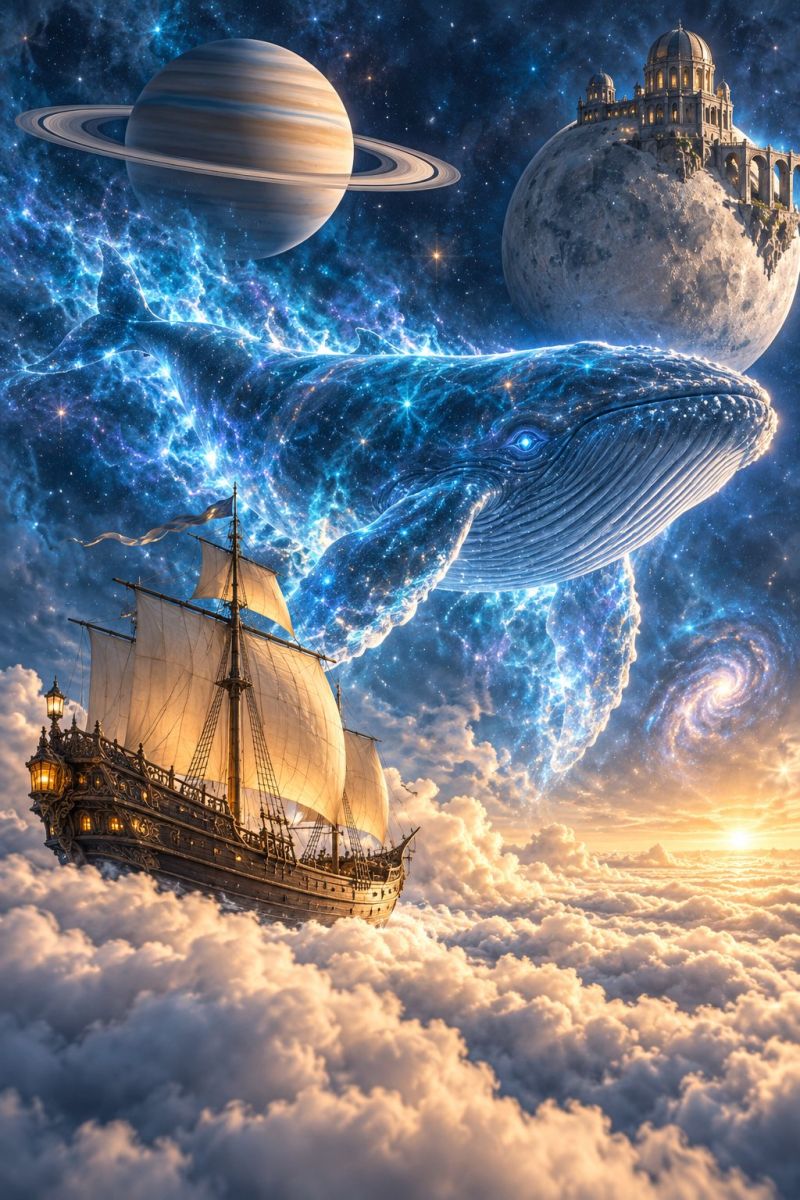 Espace navire baleine planete lune galaxie fantaisie nuages ciel univers astronomie cosmos imagination exploration science fiction reve aventure Au premier plan, un navire majestueux aux détails ornés d'une lanterne rougeoyante navigue à travers d'épais nuages. Les voiles du navire sont gonflées et il semble avancer. Au-dessus du navire, une énorme baleine aux yeux bleus brillants flotte gracieusement, son corps s'étirant dans le ciel. Derrière la baleine, une grande lune avec un château perché à son bord est visible. À gauche, une planète cerclée d'une teinte dorée domine le ciel, et à droite, une galaxie spirale vient s'ajouter à la toile de fond cosmique. Le ciel est rempli d'étoiles et le soleil se couche à l'horizon, projetant une lueur chaude sur la scène.