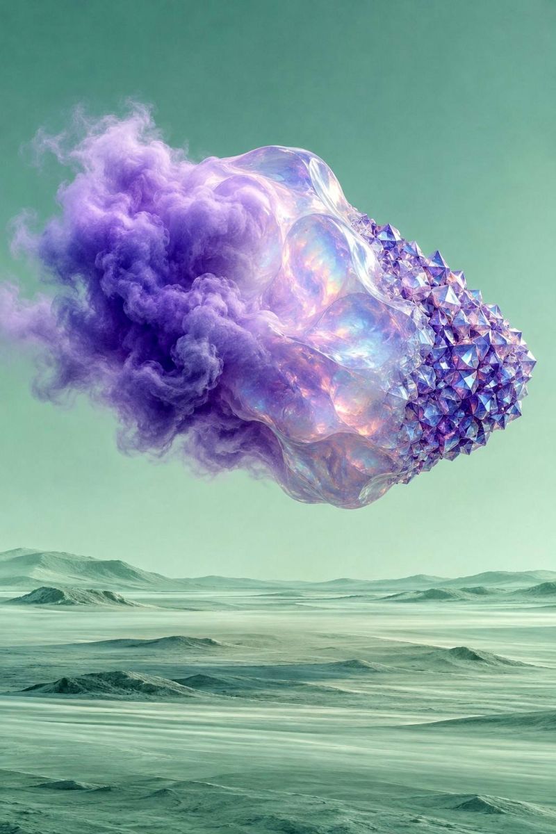 Bubble cloud colorful crystal crystals design fantasy flower flowers gem gemstone geometric jewel jewelry A surreal scene features a large, translucent, bubble-like object floating in the sky. The object is predominantly purple and pink, with a crystalline texture on its surface. It emits a soft, glowing light that reflects on its surface, creating a shimmering effect. The object is surrounded by a cloud of purple smoke, adding to its ethereal appearance. Below the object, there is a vast, flat landscape with rolling hills and a greenish-blue sky. The overall atmosphere is dreamlike and otherworldly.