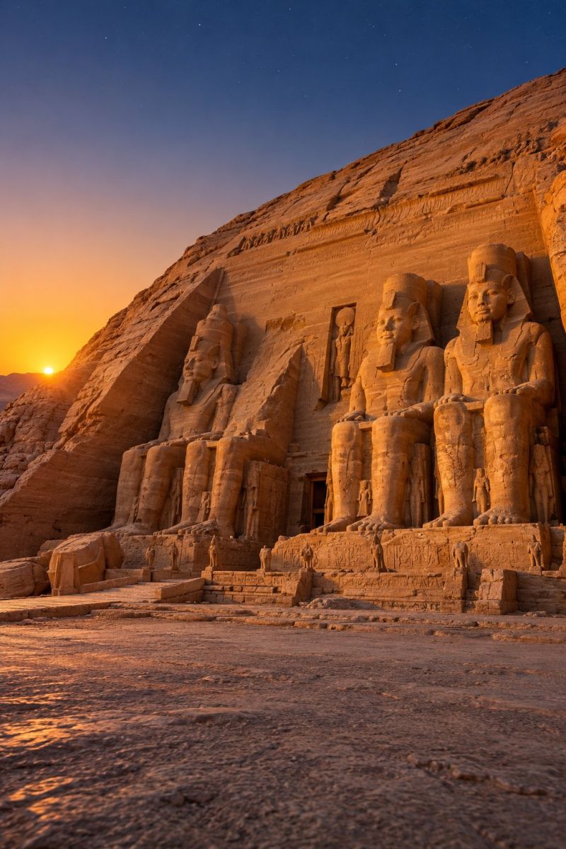 Ancienne architecture sculpture desert egypte histoire monument air pyramide statue soleil coucher temple tourisme voyages unesco vallee scène majestueuse du temple d'Abou Simbel en Égypte, sculptée dans le flanc d'une montagne. Quatre statues colossales du pharaon Ramsès II sont assises en rang, chacune avec une coiffe et une expression sereine. Les statues sont illuminées par le soleil couchant, projetant une lumière chaude et dorée qui met en valeur les détails complexes des sculptures sur pierre. L'entrée du temple est flanquée de petites statues, et l'ensemble de la structure est entouré d'un ciel bleu clair avec quelques étoiles visibles. Le sol devant le temple est sablonneux et les ombres des statues sont projetées sur le sol, ajoutant de la profondeur à la scène.