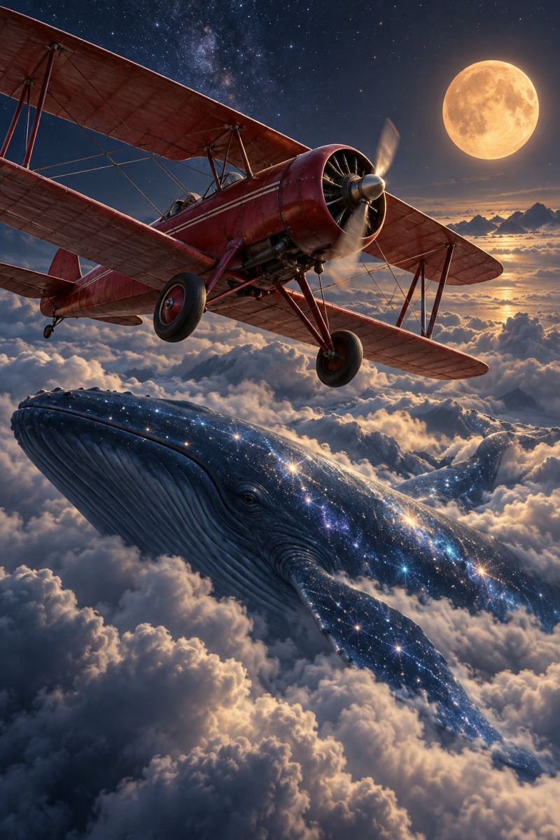 Avion biplan nuage nuages concept reve reves fantaisie fiction vol imagination lune nuit ciel espace vaisseau spatial etoile Dans le ciel, un biplan rouge muni d'une hélice survole une grande baleine bleue qui nage dans les nuages. Le ciel est rempli d'étoiles et une pleine lune brillante est visible au loin. Les nuages sont illuminés par la lumière de la lune et la scène est surréaliste et onirique.