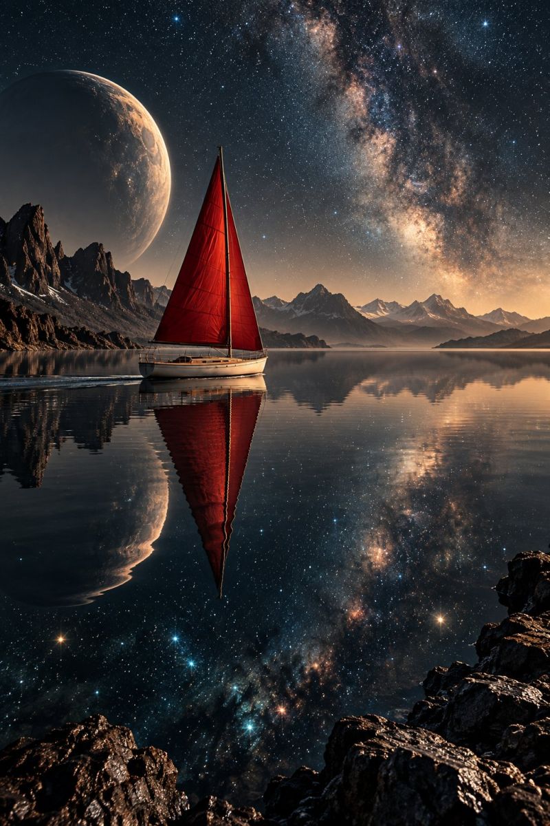 Bateau eau reflexion nuit ciel espace etoile lac montagne rocher mer marin papier peint Un voilier à voile rouge navigue sur un plan d'eau calme, peut-être un lac ou une mer, sous un ciel étoilé. L'eau reflète le voilier, le ciel et les montagnes environnantes. Les montagnes sont en arrière-plan, avec un peu de neige au sommet. Le ciel est rempli d'étoiles et la Voie lactée est visible. Au loin, il y a une grosse planète ou lune, avec une lueur brillante à sa surface.