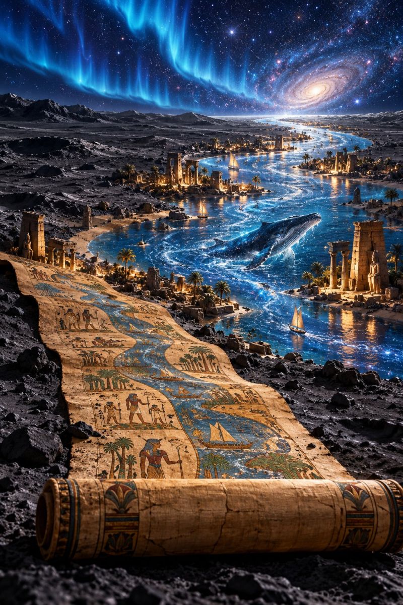Ancient architecture astronomy aurora boat city cosmos culture desert drawing egyptian egyptology fantasy fiction galaxy history imagination surreal landscape with a large, rolled-up scroll resting on the ground. The scroll is adorned with ancient Egyptian-style illustrations, including depictions of pharaohs, boats, and palm trees. In the background, a river flows through a desert-like terrain, with ancient stone structures and a few lit-up buildings along its banks. A large whale leaps out of the water, and a sailboat is visible on the river. The sky is filled with vibrant colors, including blue auroras and a galaxy, creating a fantastical and otherworldly atmosphere.