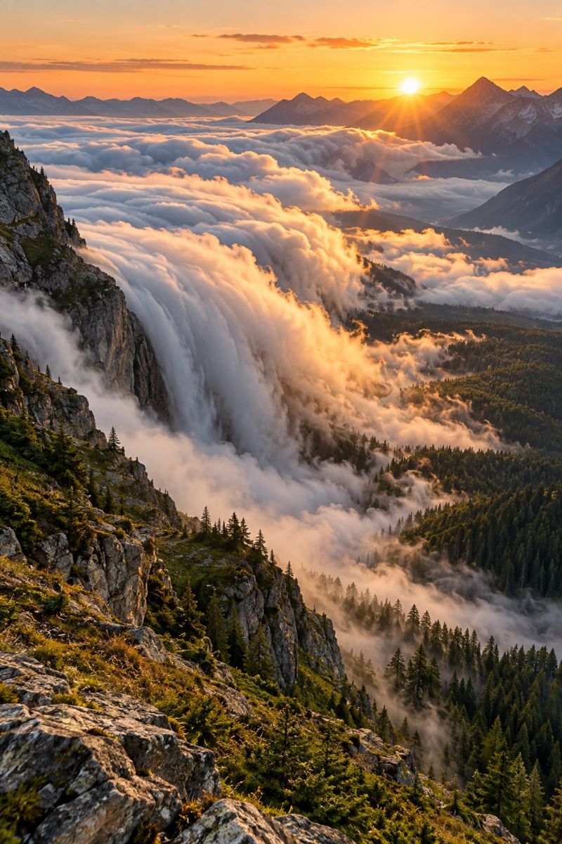 Mountain sky cloud sun sunset nature forest rock hill fog water sunrise tree mountains valley clouds range peak The image captures a breathtaking aerial view of a mountainous landscape at sunset. The sun is setting on the horizon, casting a warm, golden light across the scene. The sky is a mix of deep oranges and soft pinks, with a few wispy clouds catching the sunlight. Below, the mountains are covered in a sea of clouds that seem to flow like a river, creating a dramatic and ethereal effect. The foreground features a rocky cliff face with sparse vegetation, and the mountainside is dotted with trees and shrubs. The entire landscape is bathed in the soft, diffused light of the setting sun, creating a serene and majestic atmosphere.