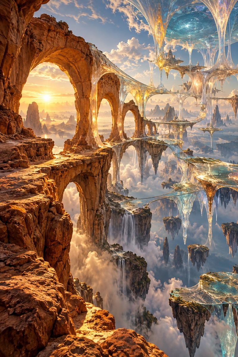 Fantasy architecture bridge bridges building city cloud clouds concept design futuristic imagination sky world surreal landscape with a combination of natural and fantastical elements. On the left side, there are rugged, rocky cliffs with arches and pathways that seem to lead into the distance. The cliffs are bathed in warm, golden light from the setting sun, casting long shadows and highlighting the textures of the rocks. In the middle, there are floating, crystalline structures that resemble a combination of futuristic architecture and natural formations. These structures are connected by bridges and have water flowing through them, creating a sense of movement and life. The sky is a mix of blue and orange hues, with clouds scattered throughout, adding to the dreamlike quality of the scene. In the background, there are more floating islands and structures, some of which appear to be inhabited or have signs of life. The overall atmosphere is one of wonder and exploration, as if the viewer is stepping into a world that exists beyond the ordinary.