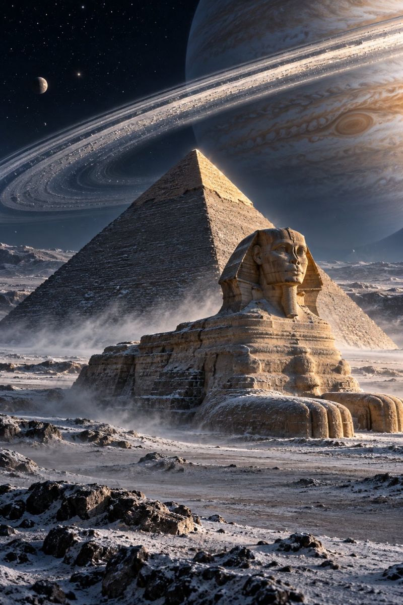 Pyramid sphinx desert ancient egypt sand statue sculpture architecture history monument culture civilization astronomy planet space universe night sky In the foreground, there is a large, ancient Sphinx statue with a human head and a lion's body, partially buried in the sand. Behind the Sphinx, there is a massive pyramid with a triangular shape. The sky is dark and filled with stars, and in the distance, there is a large planet with rings, possibly Saturn, and a smaller moon. The ground is rocky and sandy, with some snow on the rocks.
