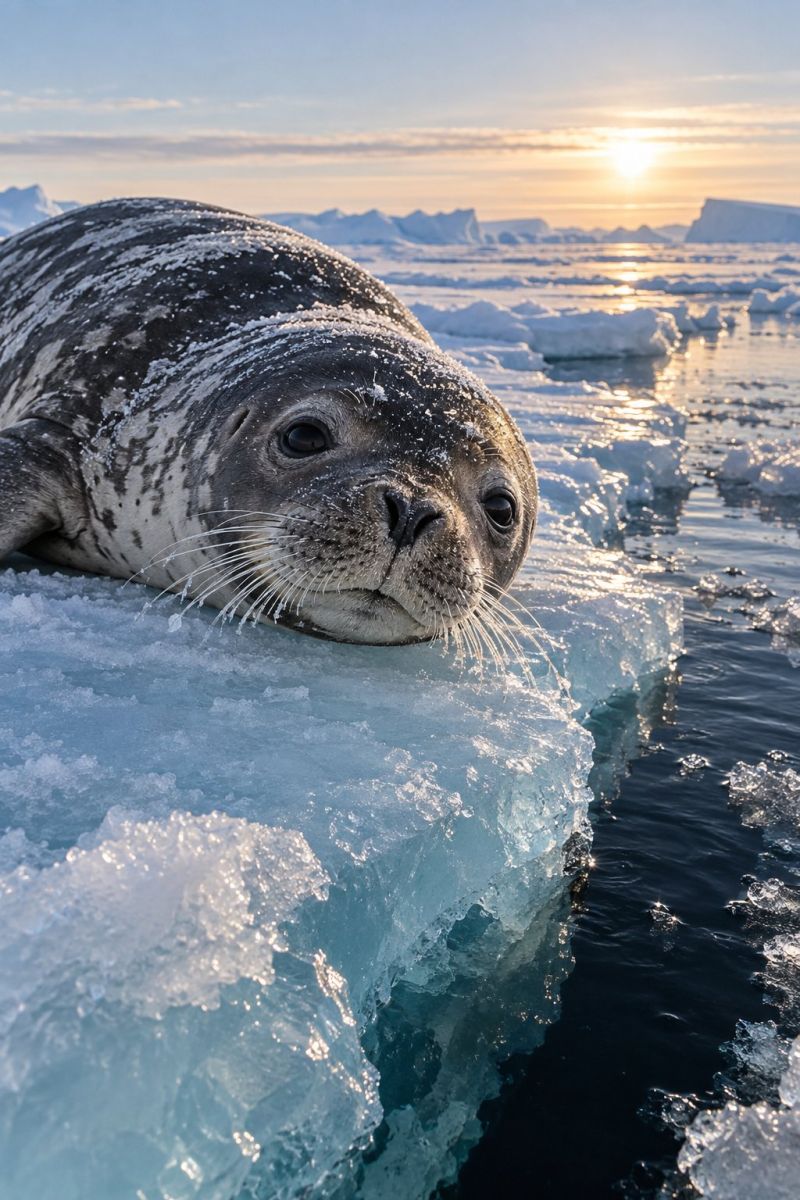 Phoque glace ocean faune nature animal polaire iceberg neige eau soleil ciel lever coucher froid islande antarctique milieu marin Un phoque repose sur un gros morceau de glace flottant dans l'océan. Le phoque a une épaisse couche de fourrure et une petite tache de fourrure blanche sur la poitrine. Ses yeux sont fermés et il semble dormir. La glace est partiellement immergée dans l'eau et d'autres blocs de glace apparaissent au loin. Le ciel est clair et le soleil se couche en arrière-plan, projetant une lueur chaude sur la scène.