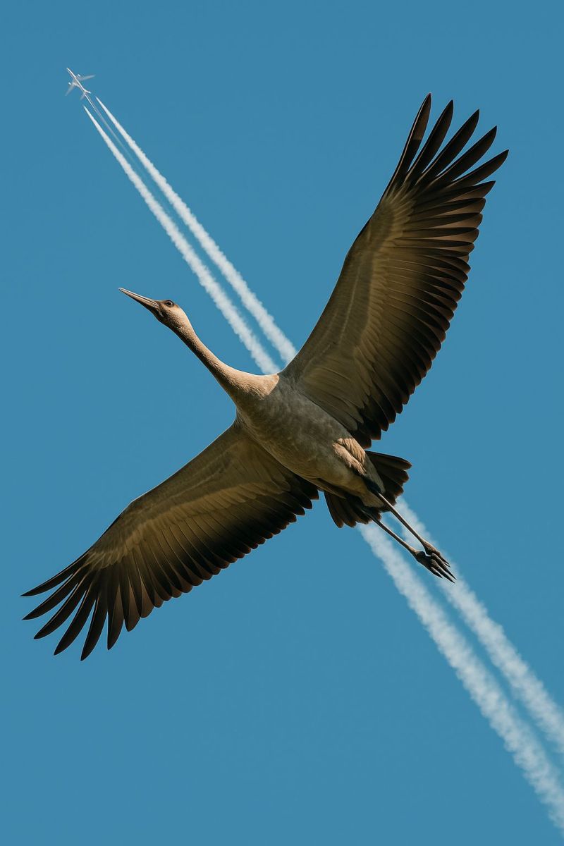 Bird flight sky wing airplane cloud nature wildlife aviation travel outdoors environment animal migration freedom horizon atmosphere scenery a large bird with long legs and a long, pointed beak is soaring through the sky. Its wings are spread wide, and it appears to be flying in a straight line. Behind the bird, there are two airplanes flying in the same direction, leaving white contrails in the clear blue sky. The bird's shadow is visible on the sky, and the overall scene is set against a  of a bright, cloudless blue sky.