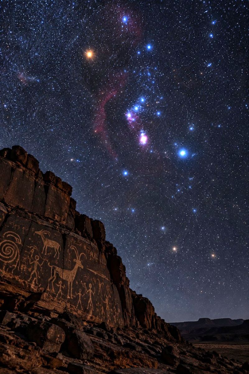 Stars carvings ancient archaeology astronomy celestial cosmos dark desert drawings engravings geology history night sky rock formation pollution outer night sky filled with stars, with a prominent cluster of stars visible. The sky is dark, and the stars are scattered across the expanse, some appearing brighter than others. In the foreground, there is a large rock wall with ancient petroglyphs etched into it. The petroglyphs depict various figures, including what appears to be a ram or goat, along with other human and animal figures. The sky above the rock wall is illuminated by the light of the stars, casting a soft glow on the carvings. The overall scene is serene and timeless, with the ancient art blending seamlessly with the natural beauty of the night sky.