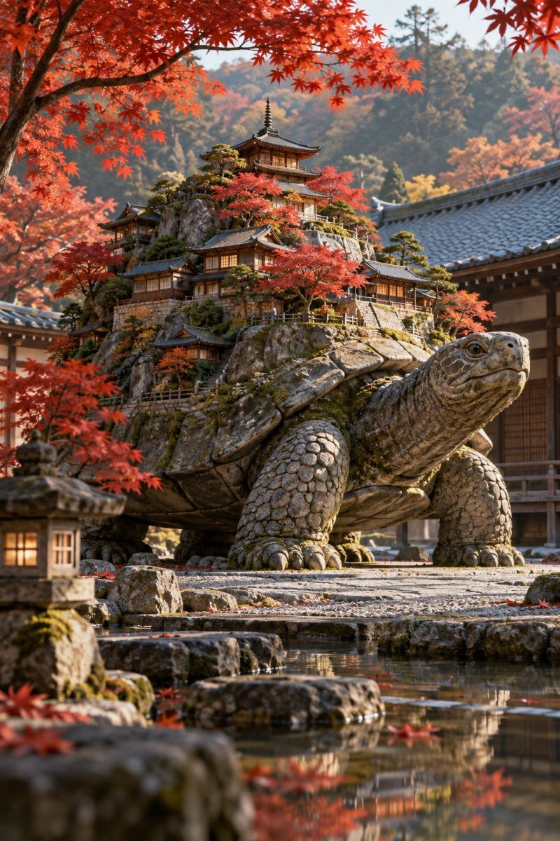 Tortue pierre village japonais image photographie magnifique prise précise montrant les méfaits sauvage des activités humaines sur la biodiversité sur la tortue pierre village japonais