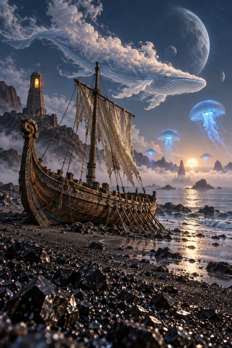 Boat ship water sea ocean sky cloud mountain rock sun sunset glow glowing night dark fantasy fictional alien aliens An old, weathered Viking ship is beached on a rocky shore under a twilight sky. The ship has intricate carvings on its bow and a tattered sail. In the background, there is a tall, stone tower with a glowing light at the top. Above the ship, there are glowing jellyfish floating in the air. The sky is filled with clouds and celestial bodies, including a large planet and a setting sun. The water is calm, reflecting the light from the sun and the glowing jellyfish.