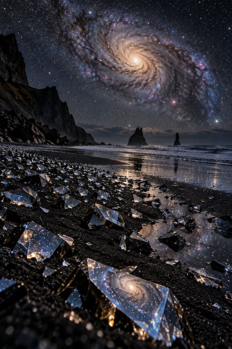 Galaxie etoiles cristaux plage reflet rochers mer montagnes nuit obscurite espace univers astronomie cosmique celeste nocturne ciel Sur une plage sombre, de nombreux éclats de verre transparent sont éparpillés sur le sable, reflétant le ciel nocturne. Le ciel est rempli d'une incroyable galaxie spirale, dont les couleurs vont du bleu profond au violet et au blanc éclatants, créant une toile de fond fascinante. Au loin, deux formations rocheuses se détachent à l'horizon, ce qui ajoute à l'effet dramatique de la scène. L'eau est calme, avec de douces vagues reflétant le ciel étoilé. L'atmosphère générale est empreinte de tranquillité et d'émerveillement cosmique.