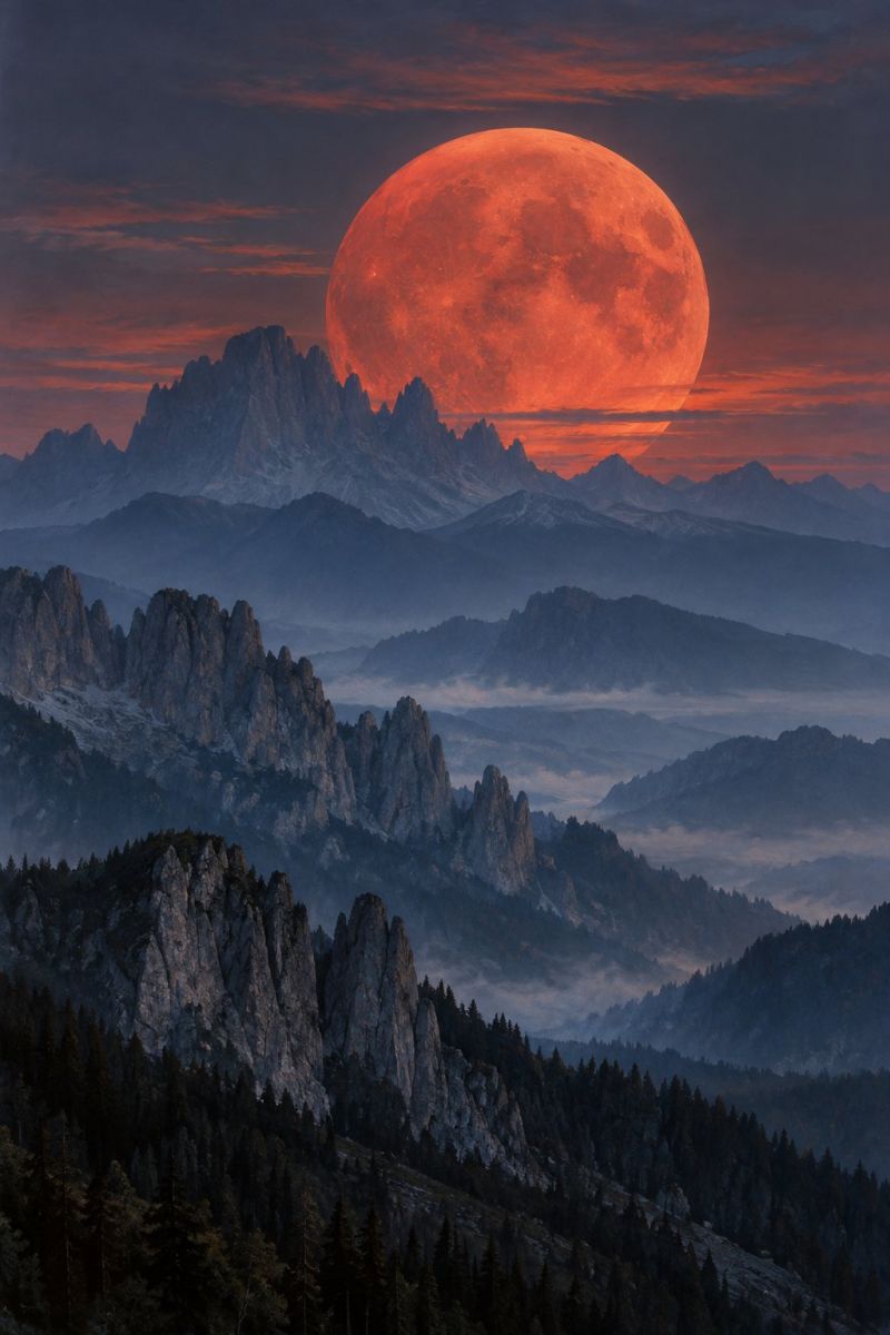 Mountains sky night moon clouds fog rocks trees forest hills valley horizon sunset shadows atmosphere nature scenery A full moon rises dramatically over a rugged mountain range, casting a deep red glow across the sky. The moon is surrounded by wispy clouds that reflect the moonlight, creating a mystical atmosphere. The mountains are jagged and steep, with rocky outcrops and deep valleys. The foreground is filled with dense, dark forests, their trees silhouetted against the glowing sky. The entire scene is bathed in a soft, ethereal light, giving the landscape an otherworldly feel.