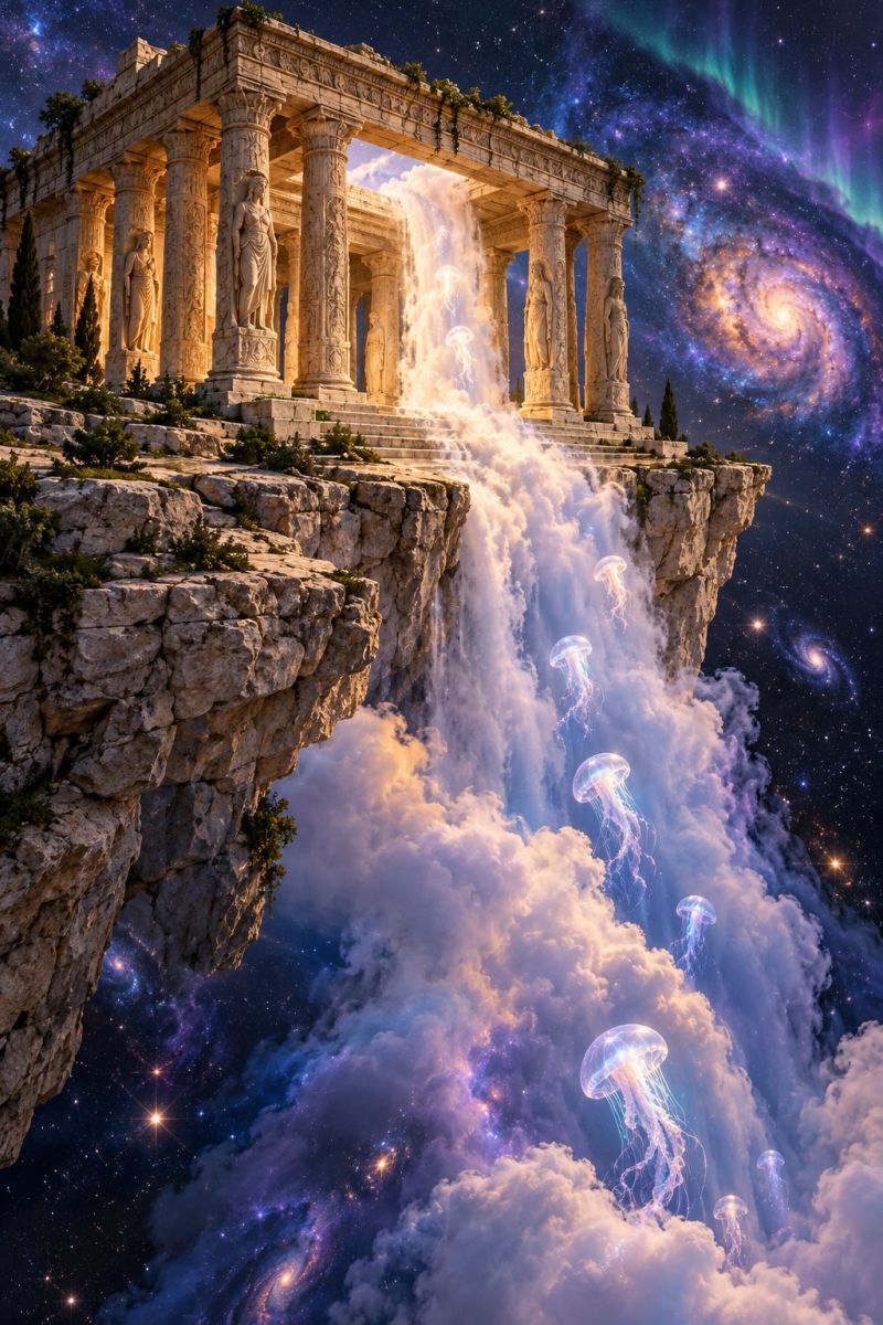 Ancient architecture astronomy aurora clouds cosmos creativity fantasy fictional galaxy imagination inspiration jet jets magic space surreal scene with a grand ancient temple perched on a cliff edge. The temple is made of stone and has several columns and statues, with a waterfall cascading down from its entrance. The waterfall is composed of water and glowing jellyfish, creating a mystical and otherworldly effect. The sky is filled with vibrant colors, including purple and green hues, and features a galaxy with swirling stars and nebulae. The scene is set against a back of a vast, starry night sky, adding to the dreamlike quality of the image.