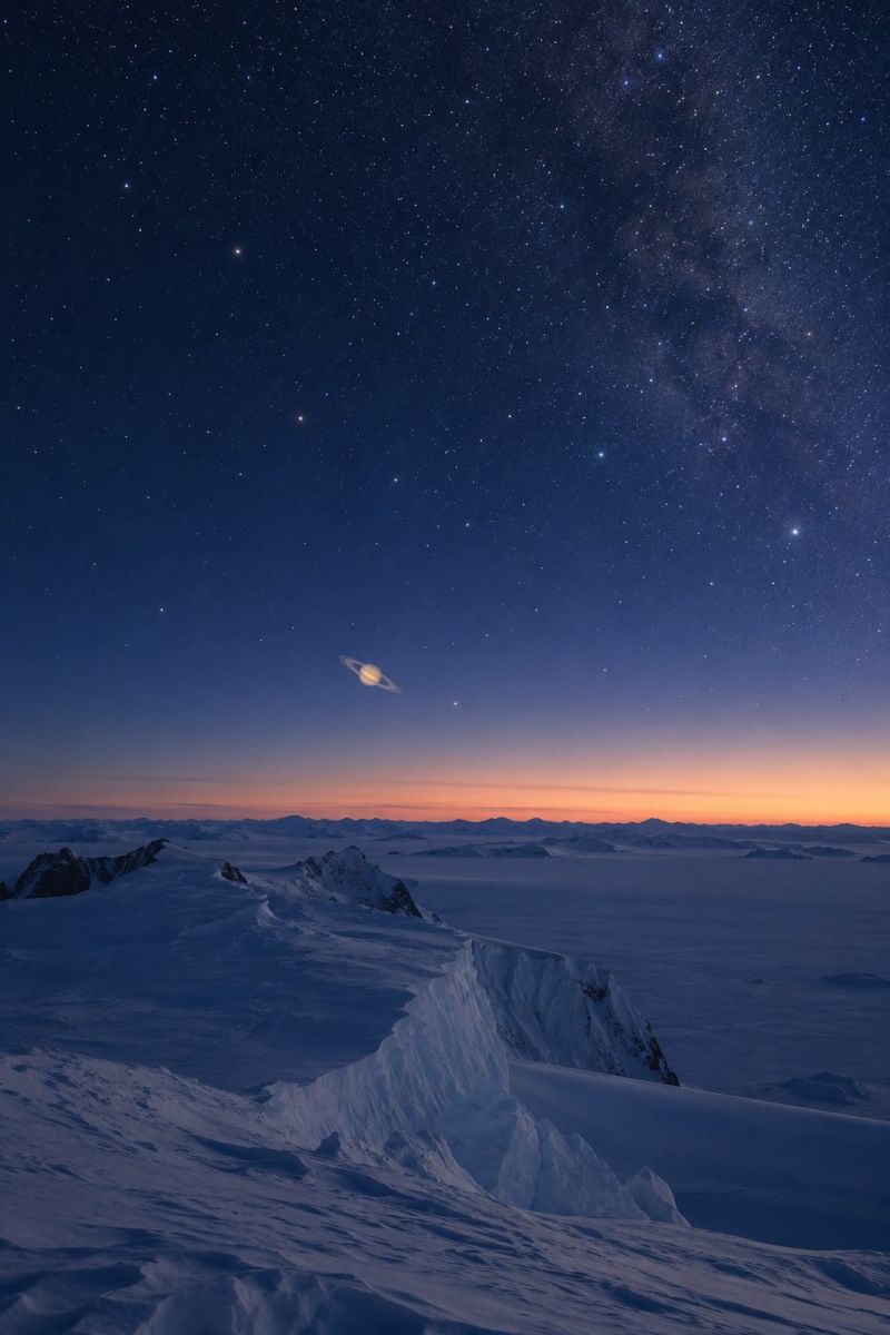 Stars planet mountains snow horizon sunset clouds atmosphere astronomy celestial universe cosmos nighttime dark reflection night sky outer space breathtaking night sky filled with stars, including the Milky Way galaxy, visible in the upper half. Saturn, with its distinctive rings, is prominently displayed in the sky. The horizon below is a vast, snowy landscape with rugged mountains and a hint of orange from the setting sun. The sky transitions from deep blue to a lighter blue near the horizon, and the snow-covered ground reflects the celestial light.
