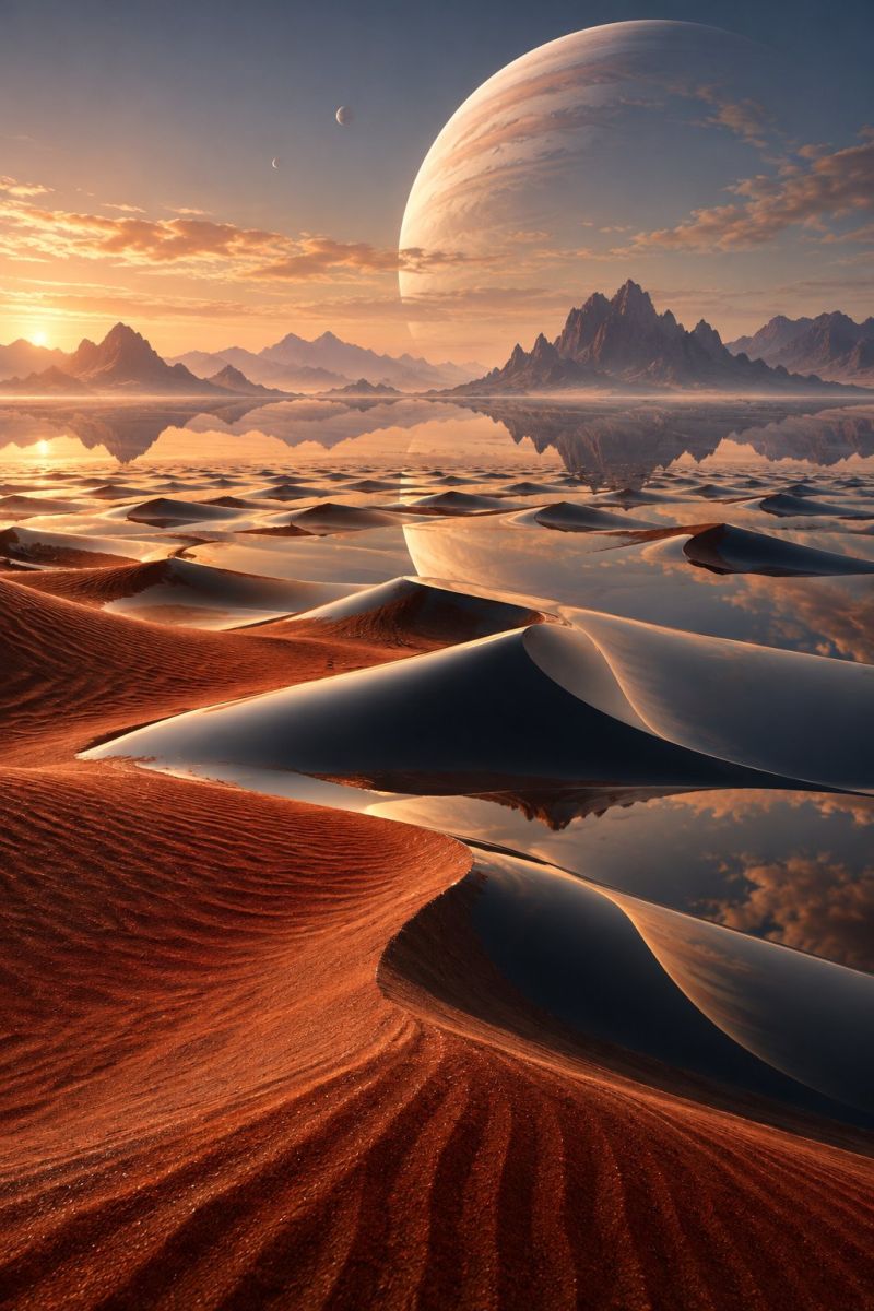 Desert planete coucher soleil reflet montagnes ciel nuages eau horizon sable dunes rochers rocher montagne vaste paysage désertique sous un ciel bleu clair. Le soleil se couche à l'horizon et projette une lumière chaude et dorée sur la scène. Au premier plan, de nombreuses dunes de sable de tailles et de formes variées apparaissent, certaines semblant partiellement immergées dans l'eau, ce qui crée un effet réfléchissant. L'eau est calme et reflète le ciel et les dunes. Au loin, une grande planète ou lune ronde est visible, avec quelques lunes ou planètes plus petites en orbite autour d'elle. Le ciel est parsemé de nuages, ce qui ajoute de la profondeur et de la texture à la scène. L'atmosphère générale est sereine et surnaturelle.