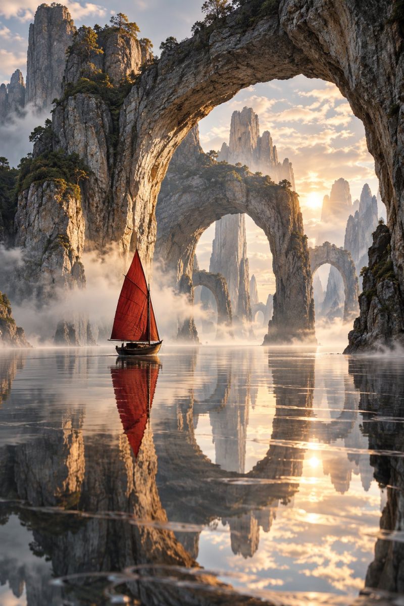 Bateau eau reflet rocher montagne ciel brouillard soleil lever coucher voile yacht Un voilier à voile rouge navigue sur un plan d'eau calme, peut-être un lac ou une rivière. L'eau reflète le paysage environnant, notamment le voilier, les montagnes et le ciel. Les montagnes sont rocheuses et ont une structure naturelle en forme d'arche au milieu, sur laquelle poussent des arbres et des plantes. Le ciel est clair avec quelques nuages, et le soleil se couche, projetant une lueur chaude sur la scène.
