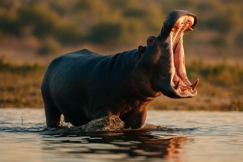 Hippopotame faune animal nature safari eau riviere lac mammifere rugir crepuscule soir zone humide habitat conservation bouche ouverte sanctuaire Un hippopotame se tient dans une rivière avec la bouche grande ouverte, montrant ses grandes dents. La peau de l'hippopotame est mouillée, reflétant la lumière, et son corps est partiellement immergé dans l'eau. L'eau est calme, et le reflet de l'hippopotame est visible à la surface. L'arrière-plan est flou, avec de la végétation et un ciel clair.