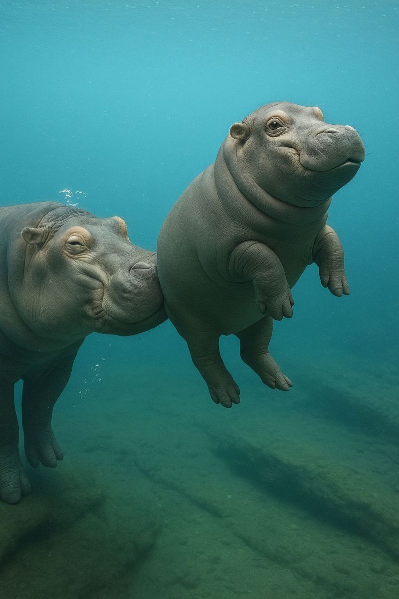 Hippopotamus water swimming wildlife mammal aquatic nature animal ocean underwater sea river lake wetland habitat conservation endangered sanctuary Two hippos are swimming in clear blue water. The hippo on the left is facing the camera, while the one on the right is looking at the left hippo. The right hippo is slightly raised, with its front legs bent and its back legs extended. The water is clear, and the hippos' shadows are visible on the water's surface. The water is calm, and there are no waves or ripples.