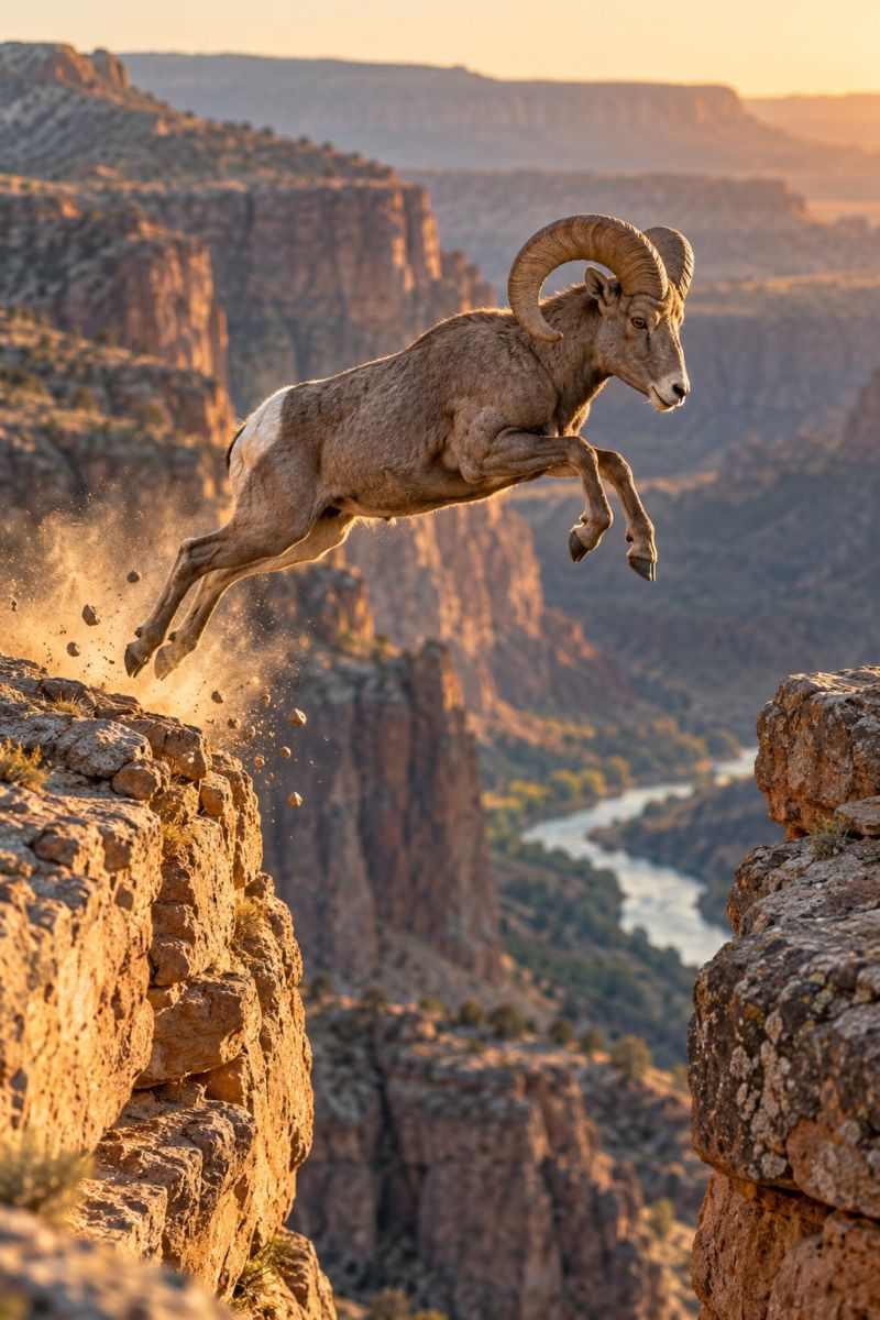 Animal falaise falaises campagne jour desert distance poussiere environnement empreinte pas chaussures Un bélier saute du bord d'une falaise en l'air, ses sabots soulevant la poussière. Le bélier a de grandes cornes incurvées et un pelage épais et hirsute. La falaise est rocheuse et abrupte, avec une rivière visible en contrebas. Le ciel est clair et le soleil se couche, projetant une lueur chaude sur le paysage.
