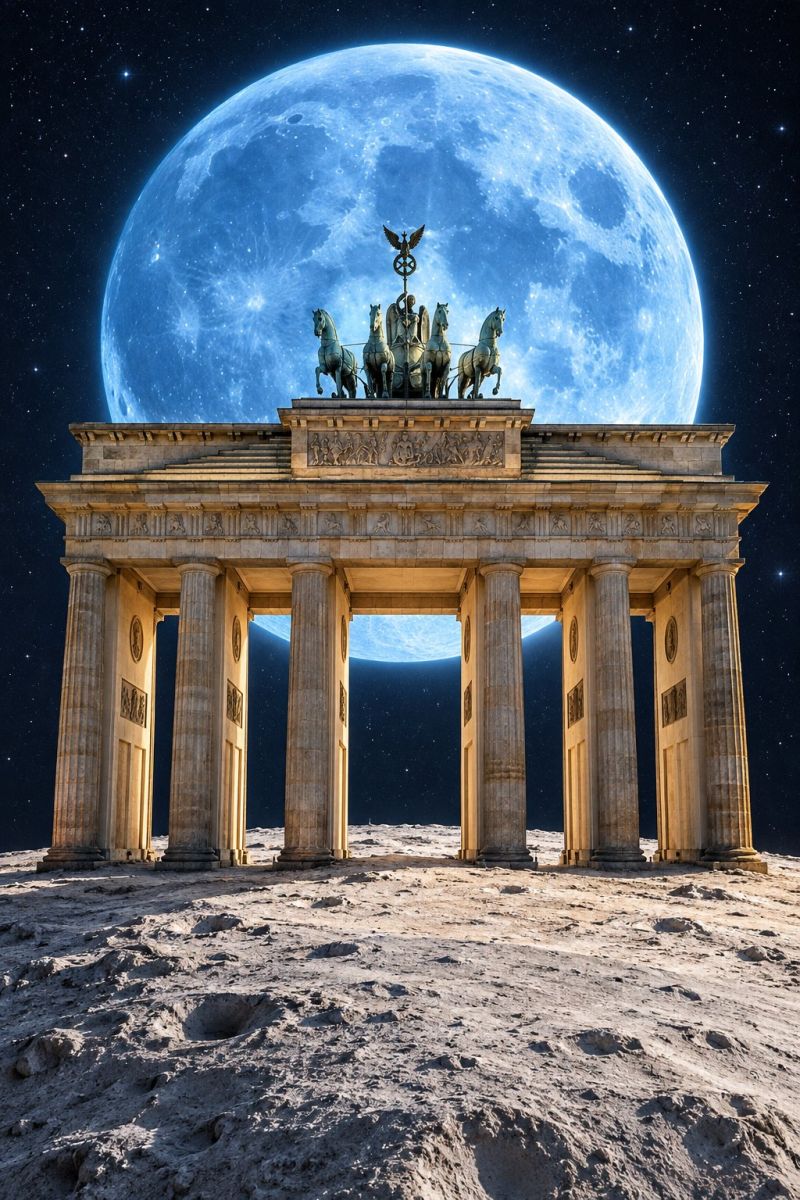 Berlin moon architecture sculpture horses chariot eagle wheel classical brandenburg gate The image features the Brandenburg Gate in Berlin, Germany, with a surreal twist. The iconic monument, known for its classical architecture and the Quadriga statue atop it, is depicted as if it were on the moon. The Quadriga, a chariot pulled by four horses, is still present, but the scene is set against a back of a full moon, which appears unusually large and close. The moon's surface is visible, showing craters and a desolate landscape, contrasting sharply with the pristine and well-maintained appearance of the Brandenburg Gate. The sky is dark, dotted with stars, enhancing the otherworldly feel of the image.