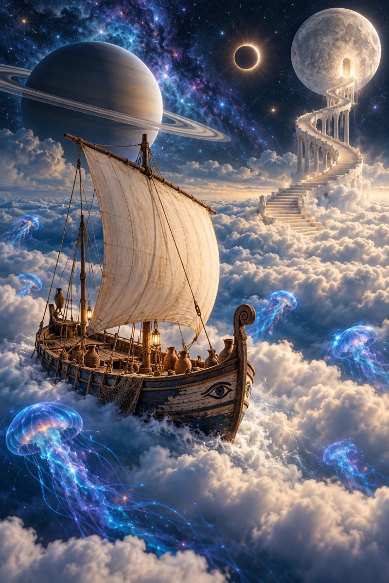 Space boat clouds moon planet stars universe fantasy imagination alien world architecture technology civilization culture An ancient wooden ship with a white sail floats in the sky among clouds. The ship has a few people on board, including a man at the helm. The ship is surrounded by glowing jellyfish. In the background, there is a large planet with rings, a moon with a staircase leading to a glowing entrance, and a solar eclipse.