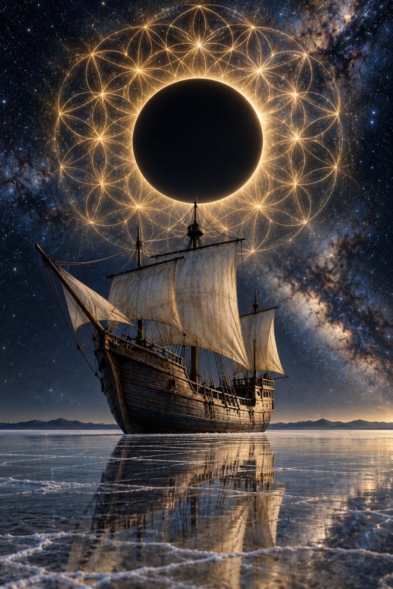 Ship boat sailing water reflection sky night dark space universe galaxy star eclipse astronomy celestial cosmic solar outer starry An old wooden ship with white sails is floating on a calm, reflective body of water. The ship's reflection is visible on the water's surface. In the background, there is a circular pattern of light resembling a flower, with a dark, circular eclipse in the center. The sky is filled with stars and a galaxy, creating a mystical and serene atmosphere.