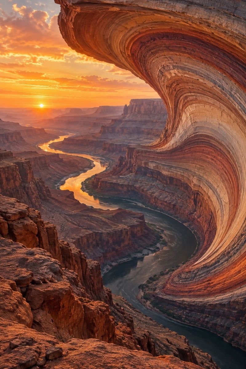 Aerien canyon falaise desert geologie mesa montagne nature air rochers coucher soleil voyages colorado riviere grand national parc roche formation sed L'image capture une vue aérienne époustouflante d'un vaste canyon avec une rivière sinueuse à sa base. Les parois du canyon sont composées de formations rocheuses stratifiées, affichant un spectre de couleurs chaudes allant de l'orange au rouge, illuminées par le soleil couchant. Le soleil lui-même est partiellement masqué par le bord du canyon, donnant une teinte dorée au paysage. La rivière, reflétant la lumière du soleil, serpente à travers le canyon, créant un contraste saisissant avec les formations rocheuses sombres. Le ciel au-dessus est un mélange de bleus doux et d'oranges chaudes, indiquant l'heure du coucher du soleil. La scène générale est sereine et majestueuse, mettant en valeur la beauté naturelle du paysage.