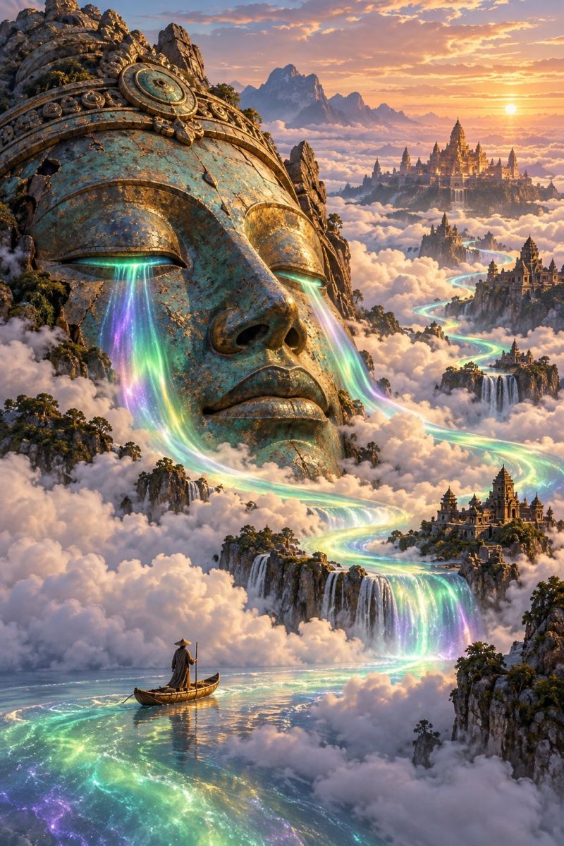 Fantasy water clouds mountains river sun sunset sky waterfall bridge architecture building city town nature outdoors travel In the foreground, a serene river flows with vibrant, multicolored water cascading from a waterfall. A small boat with a person in a robe and hat is gently floating on the river. The river is surrounded by lush, green trees and rocks. Above the river, a massive, ancient face made of stone is carved into a cliff, with water flowing from its eyes. The sky is a mix of orange and pink hues, indicating a sunset. In the distance, there are majestic mountains and a series of ancient, ornate buildings, possibly temples, perched on rocky cliffs.