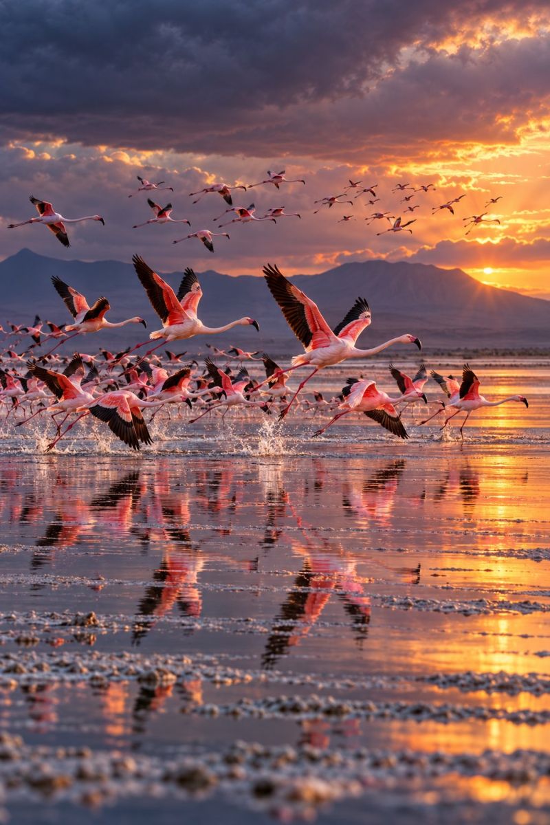 Envol rose lac natron image photographie magnifique prise précise montrant les méfaits sauvage des activités humaines sur la biodiversité sur la envol rose lac natron