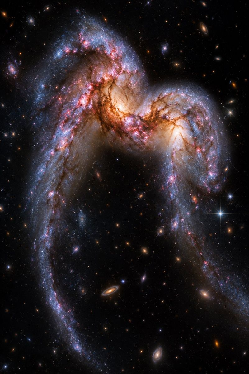 Galaxy space astronomy universe cosmic star celestial astrophysics cosmology galactic astronomical nebula night sky outer starry cluster The image showcases a captivating view of two spiral galaxies in the process of colliding and merging. The galaxies are adorned with vibrant colors, including shades of blue, pink, and yellow, highlighting the presence of young, hot stars and interstellar gas. The central region of the galaxies is densely packed with stars, forming a bright, glowing core. The galaxies' spiral arms extend outward, creating a graceful and intricate pattern. The background is filled with numerous other galaxies, each with its own unique characteristics, adding to the richness and complexity of the cosmic scene.