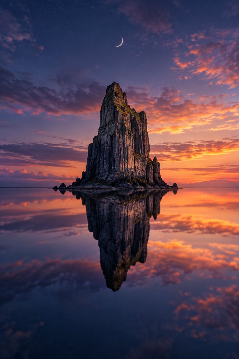 Coucher soleil reflet eau ciel nuages lune nature air mer horizon soiree beaute calme tranquillite serein majestueux rocher formation grande formation rocheuse située bien en vue au milieu d'un plan d'eau calme, peut-être un lac ou une mer. La formation rocheuse est accidentée et abrupte, avec un aspect pointu et dentelé. L'eau est parfaitement calme, reflétant la formation rocheuse et le ciel au-dessus. Le ciel est un mélange de bleus profonds et d'oranges chaudes, indiquant un coucher ou un lever de soleil. L'horizon est parsemé de nuages, dont certains sont illuminés par le soleil couchant ou levant, créant un dégradé de couleurs du haut vers le bas de l'image. Dans le coin supérieur gauche, un croissant de lune est visible, ce qui ajoute à la qualité sereine et pittoresque de la scène.