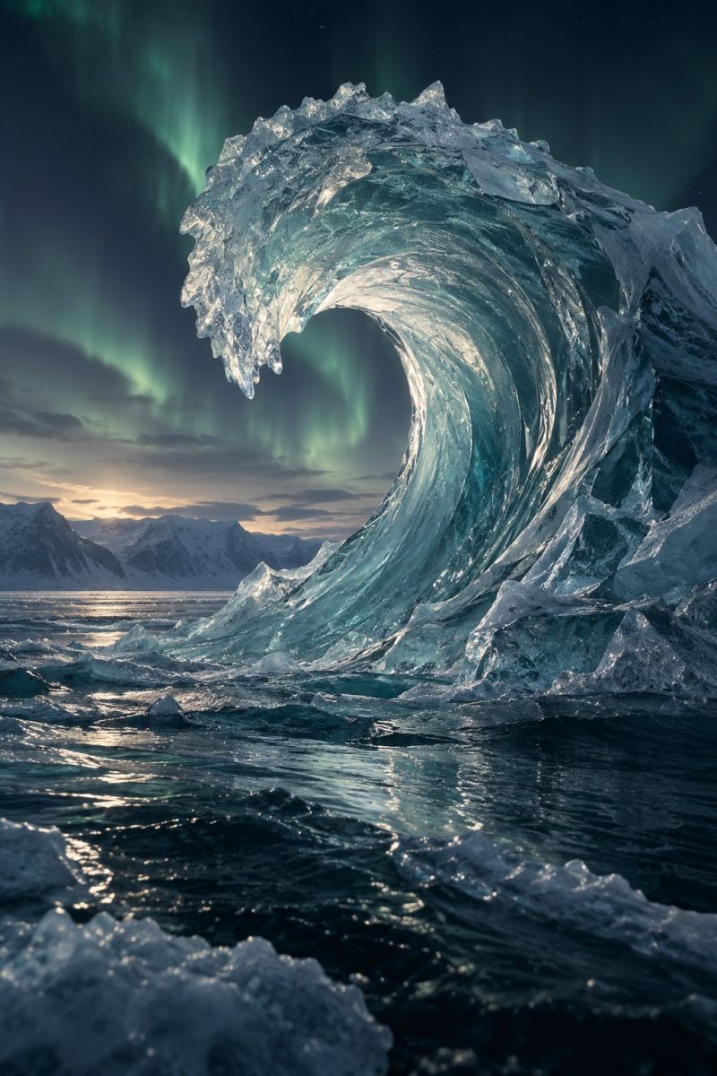 Ocean vague glace eau aurore ciel nuit montagne reflet obscurite nuage coucher soleil mer horizon roche neige meteo L'image capture une scène spectaculaire d'une grosse vague dans l'océan, dont la crête est formée de glace, illuminée par la douce lueur du soleil couchant. La vague se brise avec une force puissante et sa surface glacée réfléchit la lumière, créant un effet chatoyant. En arrière-plan, le ciel est sombre et les aurores boréales, également appelées aurores boréales, dansent dans des tons vifs de vert et de violet. L'aurore illumine le ciel, ajoutant une touche mystique et éthérée à la scène. L'océan est calme et sombre, contrastant avec la vague lumineuse et dynamique. Au loin, une silhouette de montagnes peut être vue, ce qui ajoute à la sensation d'échelle et de grandeur du phénomène naturel.