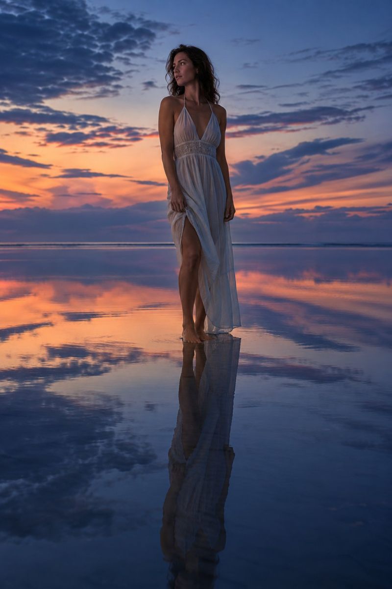 Femme robe plage coucher soleil reflet eau ciel nuages soiree mer ocean nature beaute humeur mauvaise Une femme se tient pieds nus sur une plage au coucher du soleil, son reflet se reflétant sur l'eau calme. Elle porte une robe blanche fluide avec un profond décolleté en V, ses cheveux soufflant doucement au vent. Le ciel au-dessus est un mélange de bleus profonds et d'oranges chaudes, avec des nuages éparpillés à travers le ciel qui se reflètent à la surface de l'eau. La scène est sereine et paisible, capturant un moment de contemplation silencieuse.
