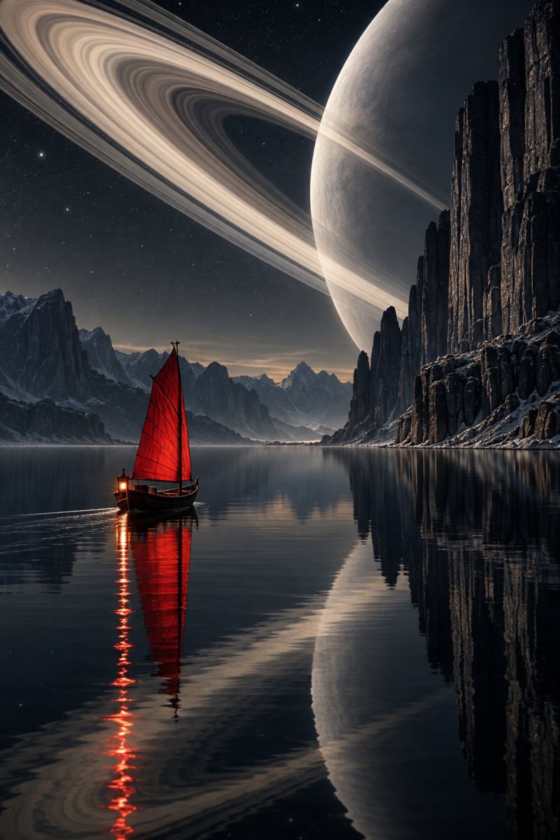 Bateau lac nuit reflet rouge voile voilier mer navire ciel espace etoile eau embarcation eaux vagues Au premier plan, un petit voilier à voile rouge glisse sur un plan d'eau calme et sombre. Le reflet du bateau et la lumière de sa lanterne se répercutent sur la surface de l'eau. Derrière le bateau, des falaises rocheuses abruptes s'élèvent au bord de l'eau, avec des sommets enneigés visibles au loin. Le ciel est sombre et une grande planète rougeoyante domine la scène, entourée de légers anneaux. La lumière de la planète projette une douce lueur sur le paysage, créant une atmosphère sereine et surnaturelle.
