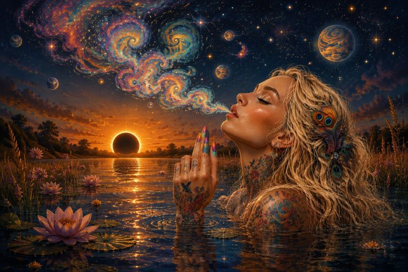Femme eau lac fleur ciel soleil coucher tatouage plume main cheveux oeil bouche doigt ongle plante arbre nuage Une femme aux longs cheveux blonds et aux tatouages colorés est dans un lac, soufflant de la fumée dans l'air. Elle a une plume de paon dans ses cheveux et regarde le ciel. Le ciel est rempli d'étoiles, de planètes et d'un grand soleil brillant. Le soleil se couche à l'horizon, projetant une lueur chaude sur l'eau et les environs. L'eau est calme, avec des nénuphars et des fleurs flottant dessus. Le fond est un mélange de couleurs sombres et claires, avec une touche d'orange et de rose.