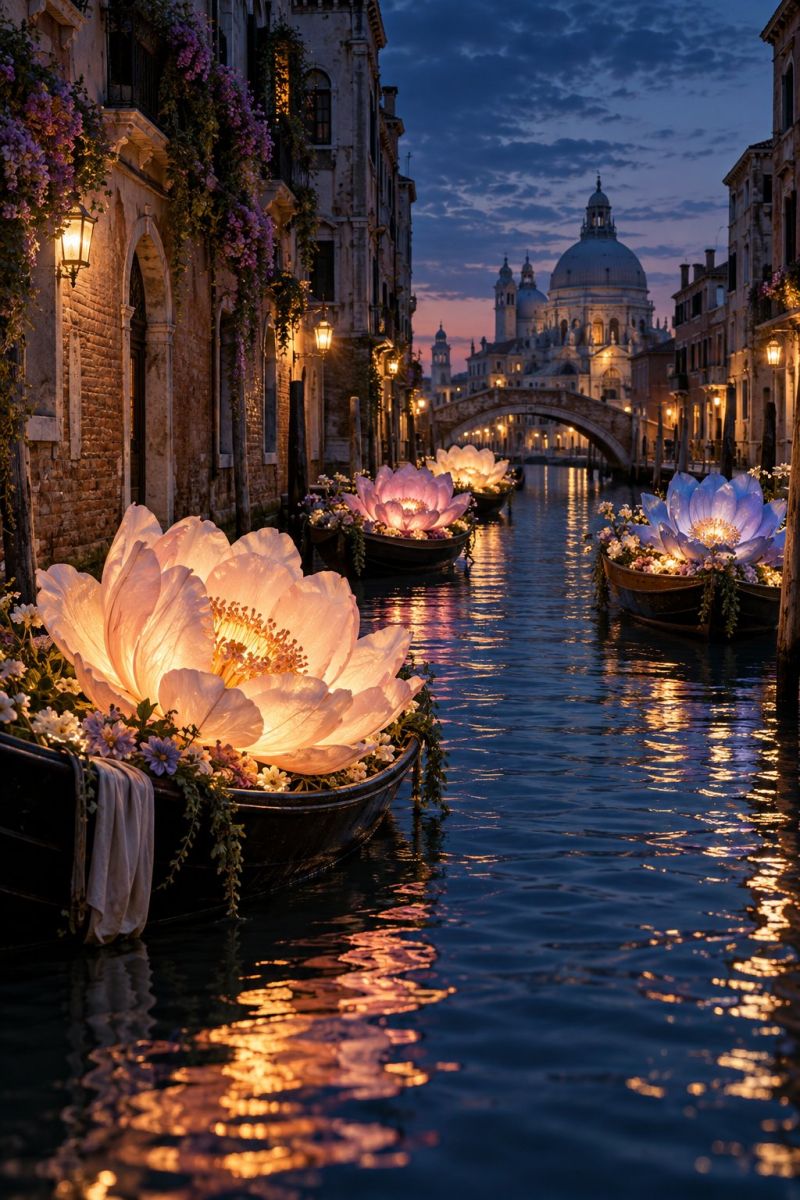 Ces venice venise canal night nuit flowers fleurs boat bateau water eau bridge pont building batiment reflection reflexion architecture cityscape urba Dans une scène sereine en soirée, un canal est orné de plusieurs bateaux, chacun magnifiquement décoré de grandes fleurs de lotus lumineuses. Les fleurs sont illuminées, projetant une douce lumière chaude sur l'eau et les bâtiments environnants. Les bâtiments de chaque côté du canal sont ornés de vignes fleuries et de lanternes allumées, ajoutant à l'atmosphère enchanteresse. Au loin, un pont enjambe le canal, et au-delà, la silhouette d'un grand bâtiment en forme de dôme est visible contre le ciel du crépuscule. Le ciel est un doux dégradé de bleu et de rose, laissant présager le coucher du soleil.