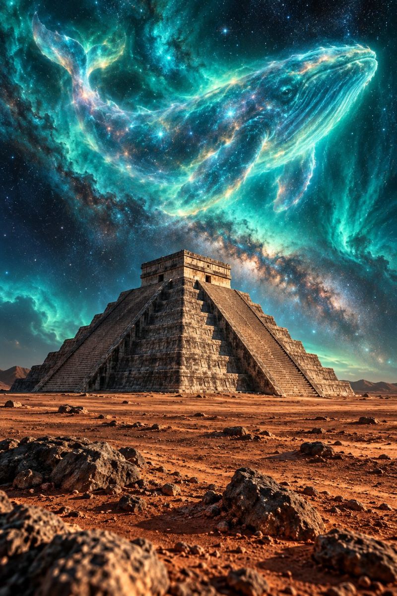 Pyramid desert ancient architecture space night sky star universe galaxy cosmos astronomy celestial cosmic starry outer large, ancient pyramid standing in the middle of a desert landscape. The pyramid is made of stone and has a stepped structure with a flat top. The sky above is a stunning display of cosmic elements, with a large, glowing whale-like figure floating in the sky, surrounded by a vibrant nebula with hues of blue, green, and yellow. The night sky is filled with stars, and the Milky Way galaxy is visible, adding to the mystical atmosphere. The desert ground is covered in small rocks and sand, and the pyramid's shadow falls on the ground, creating a dramatic effect.