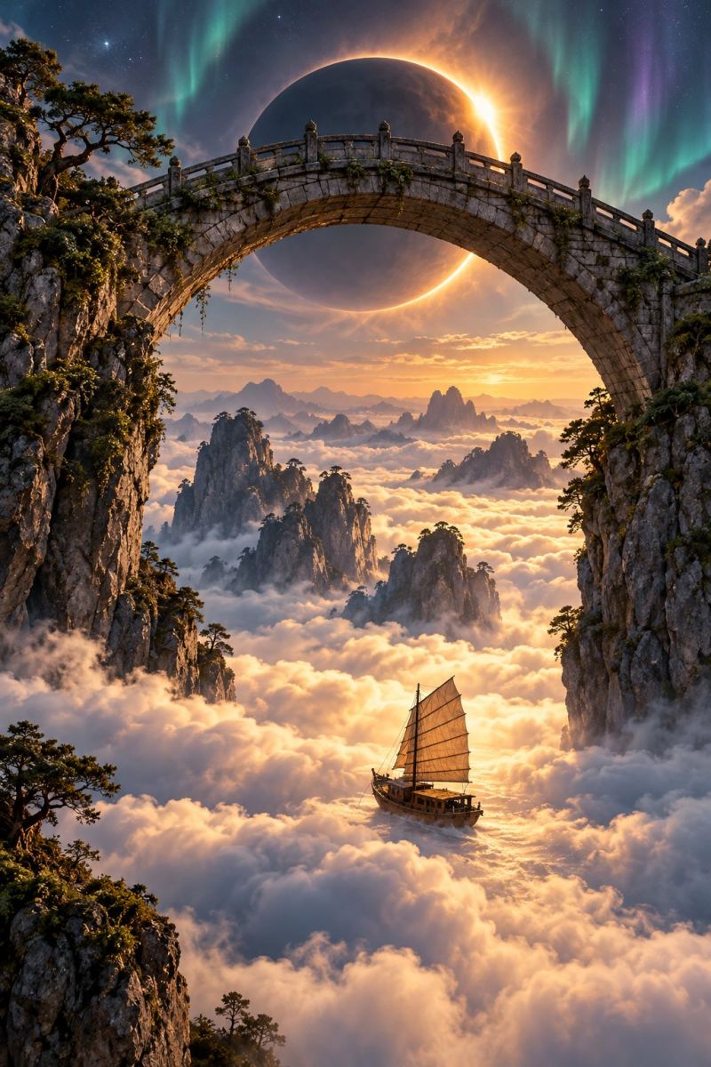 Bridge boat sky cloud mountain rock tree water sun night aurora horizon reflection sunset clouds rocks trees mountains In the foreground, a small sailboat glides gracefully through a sea of clouds, its sails billowing in the gentle breeze. The boat is positioned centrally, with its hull partially submerged in the mist. Above the boat, a large, ornate stone bridge arches gracefully, its railings adorned with intricate designs. The bridge spans across the scene, connecting two rocky cliffs that rise steeply on either side. The cliffs are covered in lush greenery, with trees and shrubs clinging to their surfaces. In the background, a majestic mountain range looms, its peaks shrouded in clouds. The sky above is a breathtaking canvas of colors, with the sun setting behind the clouds, casting a warm, golden glow over the entire scene. The sky is also adorned with vibrant hues of green and purple, likely from the aurora borealis, adding a touch of magic to the landscape.