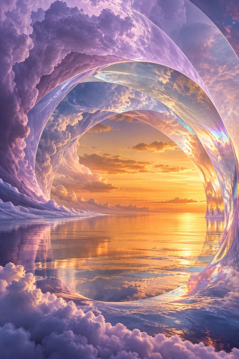 Coucher soleil ciel nuages eau reflexion horizon vagues plage mer ocean nature imagination scène surréaliste avec une grande structure tourbillonnante en forme de vortex composée de couches translucides et ondulées de teintes violettes et bleues. Le vortex a pour toile de fond un océan serein et un ciel couchant. L'océan est calme et reflète les couleurs vives du ciel, qui passe de l'orange foncé près de l'horizon à des tons plus clairs de rose et de violet plus haut. Les nuages dans le ciel sont duveteux et éparpillés, ce qui ajoute à la qualité onirique de la scène. L'effet global est celui d'un paysage fantastique et surnaturel.