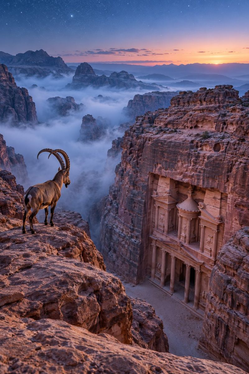 Mountain rock cliff animal goat horn nature outdoors sky sunset cloud architecture building ruin temple valley fog mist desert A majestic ibex stands on a rocky cliff, gazing into the distance. The ibex has a robust body, a short tail, and curved, pointed horns. The rocky cliff is part of a rugged mountain range, with a large, ancient structure carved into the mountainside. The structure features a grand entrance with columns and intricate carvings. The sky above is a deep blue, transitioning to a warm orange near the horizon, indicating the setting sun. The scene is set against a back of misty mountains and a starry night sky.