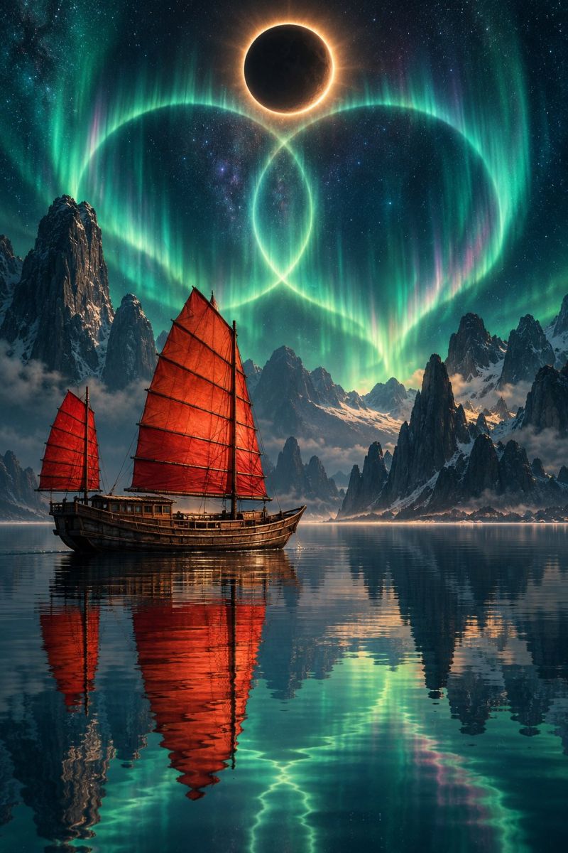 Boat water reflection lake night sky mountain aurora eclipse astronomy space cosmos star dark nature adventure exploration solar In the foreground, a small boat with red sails is floating on a calm, dark body of water. The boat's reflection is visible on the water's surface. Behind the boat, there are snow-covered mountains with jagged peaks. The sky is filled with vibrant, swirling auroras in shades of green, purple, and pink. Two large, circular auroras are prominently displayed, one above the boat and another in the upper right corner. In the center of the sky, there is a solar eclipse, with the moon appearing as a dark circle against the bright sun. The overall scene is surreal and magical, with a sense of wonder and tranquility.