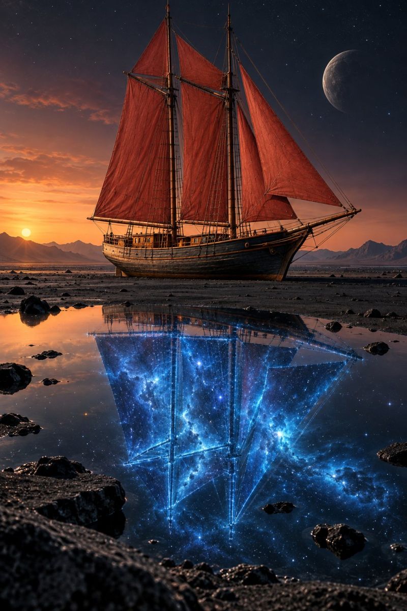 Boat ship water reflection sky night moon sunset sea rock seascape cloud star space universe galaxy cosmos astronomy celestial A sailboat with red sails is docked on the shore, reflecting in the water below. The water's surface is dotted with rocks and shows a mirrored image of the sailboat. The sky is a mix of orange and pink hues from the setting sun, with a crescent moon and stars visible. The sailboat's reflection in the water is a blue, starry night sky, creating a surreal contrast with the real-world scene above.
