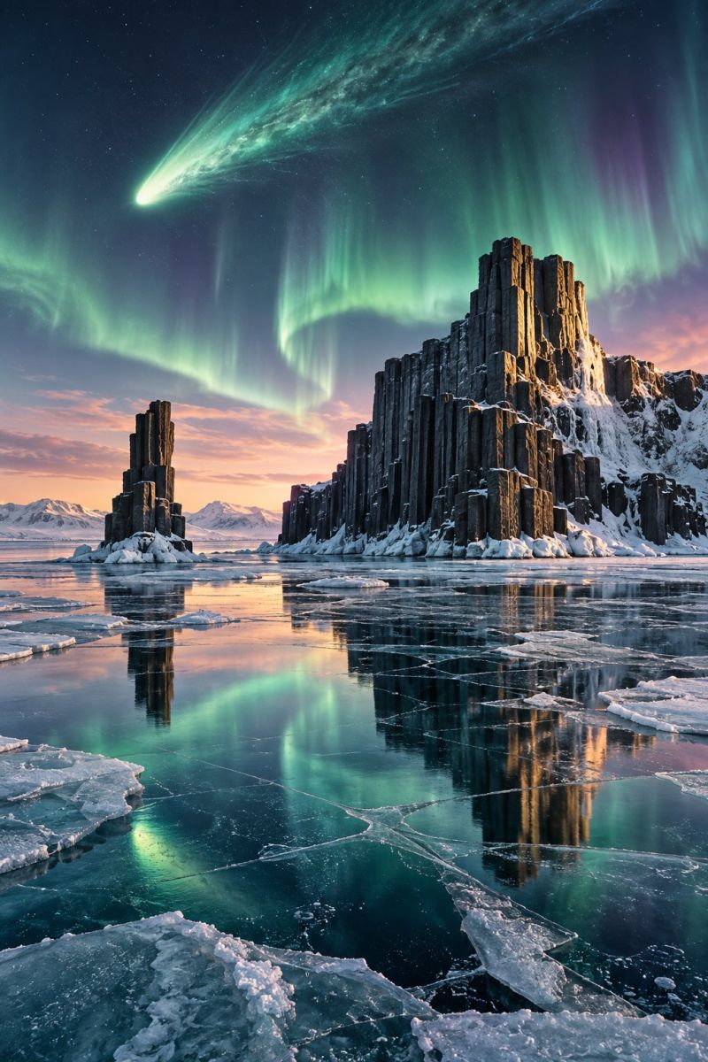 Ciel nuit reflexion eau glace roche montagne neige comete meteore etoile nuage horizon coucher soleil beaute nature aurore boreale nordique paysage hivernal à couper le souffle avec un lac gelé et un ciel spectaculaire. Au premier plan, le lac gelé reflète les couleurs vives des aurores boréales, qui apparaissent sous forme de lumières vertes et violettes dansant dans le ciel. Le lac est entouré de rochers dentelés recouverts de neige, avec une formation rocheuse proéminente au centre. Le ciel est d'un bleu profond, parsemé d'étoiles, et offre un spectacle époustouflant d'aurores boréales, avec de longs rideaux de lumière fluides. La scène se déroule sur fond de montagnes lointaines, ce qui ajoute à l'atmosphère sereine et mystique.