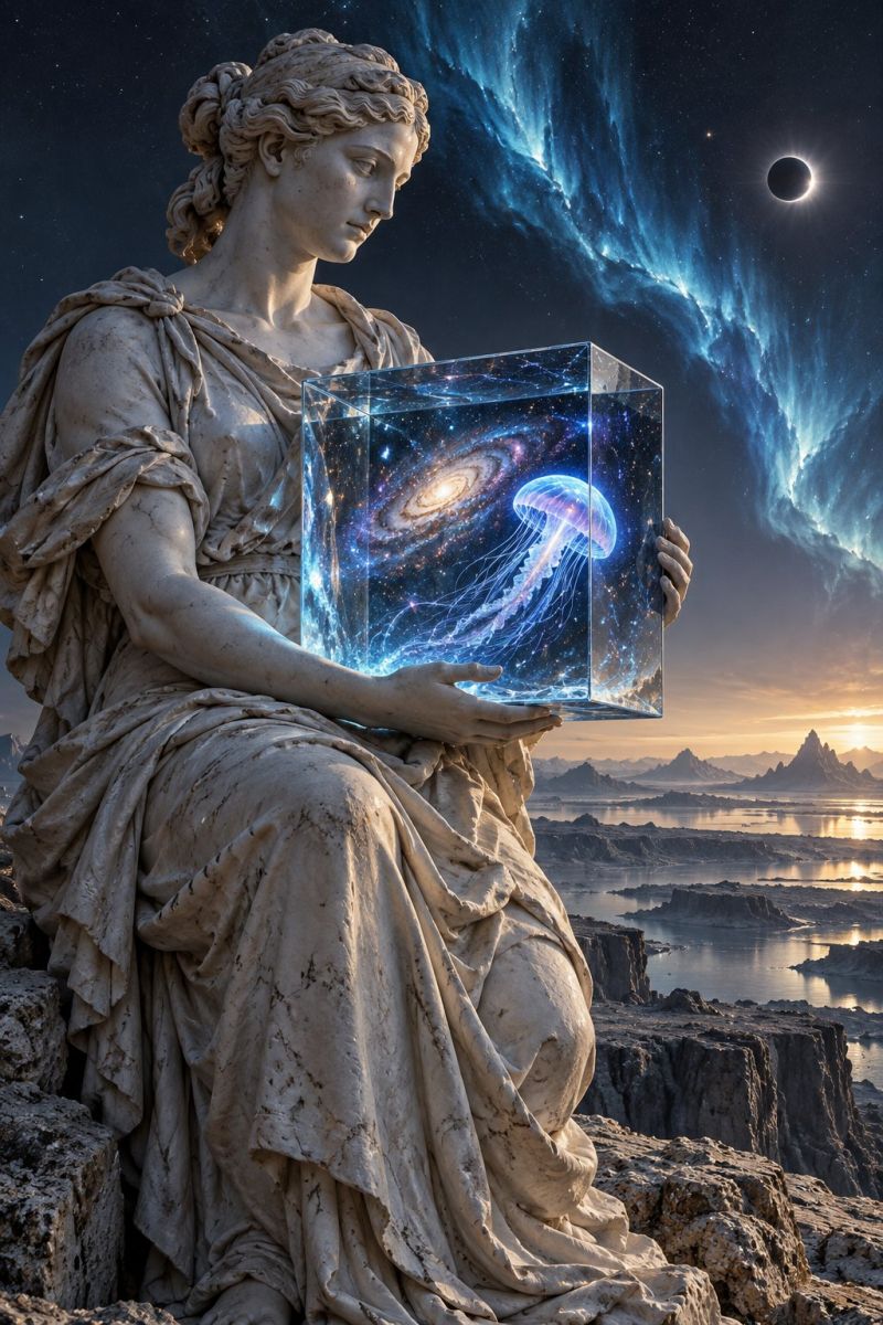 Statue woman sculpture marble galaxy universe astronomy cosmic celestial starry cosmology astrophysics nebula planetary night sky outer space explorat A statue of a woman dressed in flowing ancient Greek-style clothing sits on a rocky cliff, gazing downward. She holds a transparent cube in her hands, which contains a glowing jellyfish swimming among stars and galaxies. The sky behind her is dark and filled with swirling nebulae and stars, with a crescent moon visible. The horizon shows a serene body of water reflecting the colors of the setting sun.