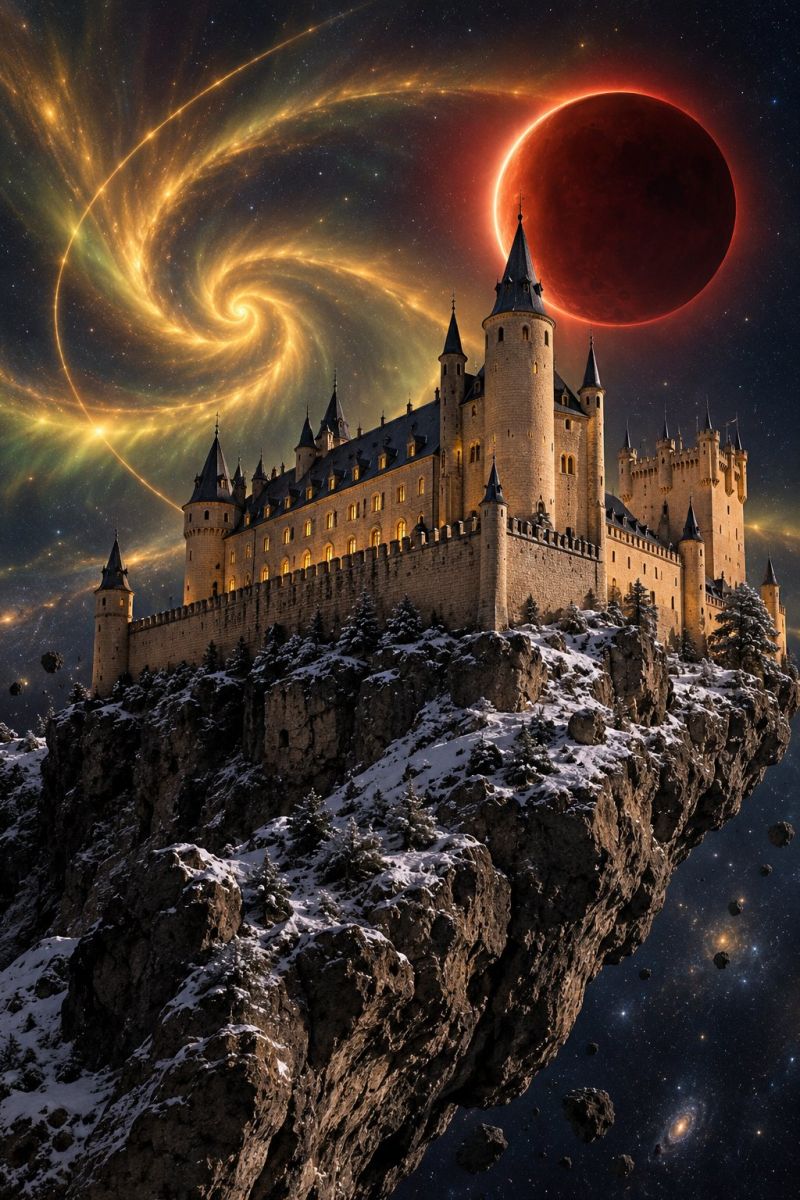 Castle space astronomy night fantasy architecture medieval universe outer A majestic castle with tall spires and battlements stands on a rocky cliff, surrounded by snow and pine trees. The castle is illuminated by the warm glow of its windows, casting a golden hue. In the background, a large, blood-red moon is partially eclipsed, with a swirling galaxy of stars and cosmic energy surrounding it. The sky is a deep, dark blue, dotted with stars, and there are small asteroids floating in the space.