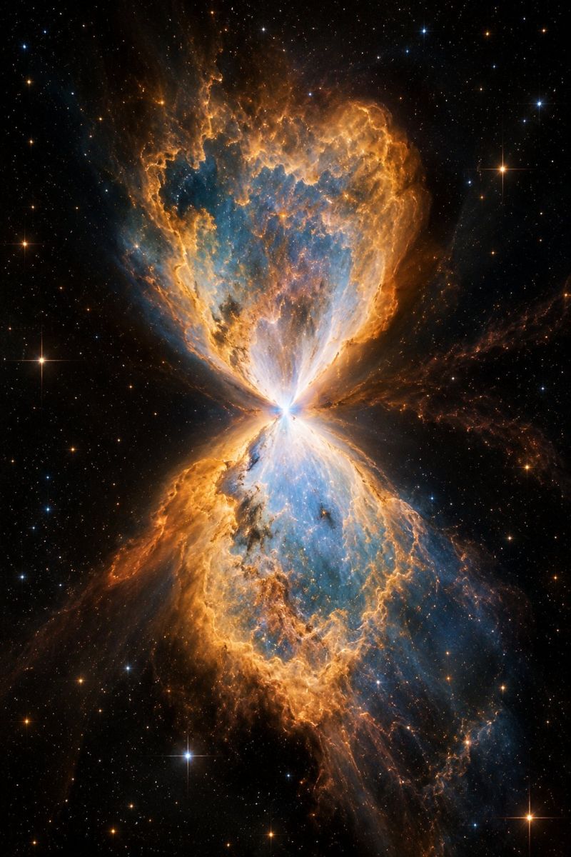 Space nebula galaxy star universe cosmic astronomy astrophysics celestial cosmology starburst interstellar dust rays microwave inflation horizon La nébuleuse, un vaste nuage de gaz et de poussière dans l'espace, avec une étoile centrale en son coeur. La nébuleuse est principalement composée de couleurs vives, notamment des nuances d'orange, de jaune et de bleu. L'étoile centrale est brillante et émet une lumière intense qui illumine le gaz et la poussière environnants. La structure de la nébuleuse est complexe, avec des motifs tourbillonnants et des vrilles de gaz et de poussière s'étendant vers l'extérieur. Le fond est sombre, avec des étoiles éparses visibles au loin. L'effet global est celui d'un paysage cosmique dynamique et en constante évolution