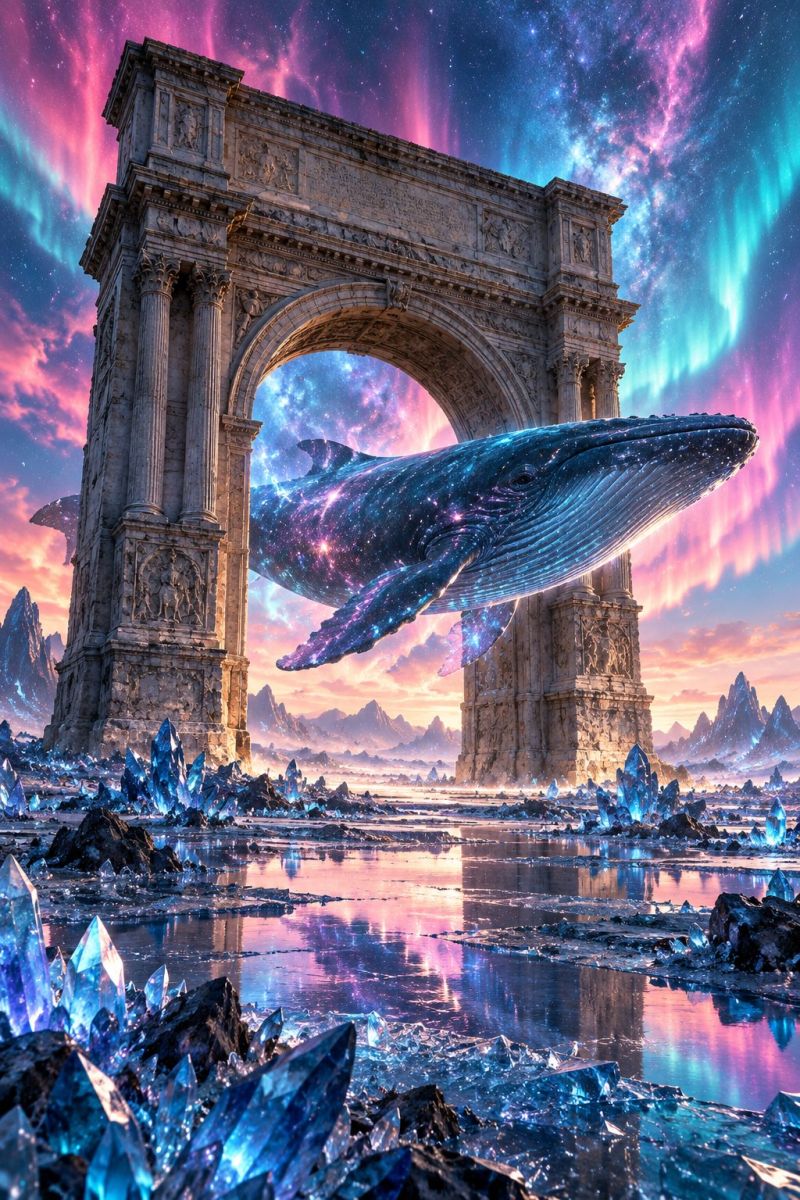 Architecture bridge crystal crystals design fantasy fictional fish imagination mountain nature ocean painting sky space structure A large humpback whale is leaping out of the water, its body glowing with a starry, cosmic light. The whale's body is adorned with stars and nebulae, giving it a celestial appearance. The scene is set against a back of a grand, ancient stone archway, which is intricately carved with detailed sculptures. The archway is situated in a serene, icy landscape, with large, sparkling blue crystals scattered around. The sky above is a vibrant mix of pink, purple, and blue hues, with auroras dancing across it, adding to the mystical atmosphere.
