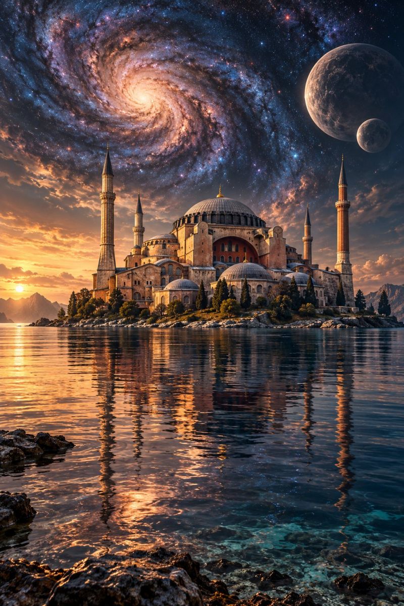 Architecture building city cloud clouds dome evening galaxy hagia sophia mosque museum turkey istanbul interior sunset reflection grand architectural structure, likely a mosque, situated on a small island in the middle of a serene body of water. The building is surrounded by trees and has several domes and minarets. The sky above is a stunning blend of orange and pink hues, transitioning into a deep blue as it moves towards the horizon. In the background, there is a majestic mountain range. The night sky is filled with celestial bodies, including a large planet and a spiral galaxy, adding a mystical and otherworldly touch to the scene. The water reflects the colors of the sky and the structures, creating a mirror-like effect.