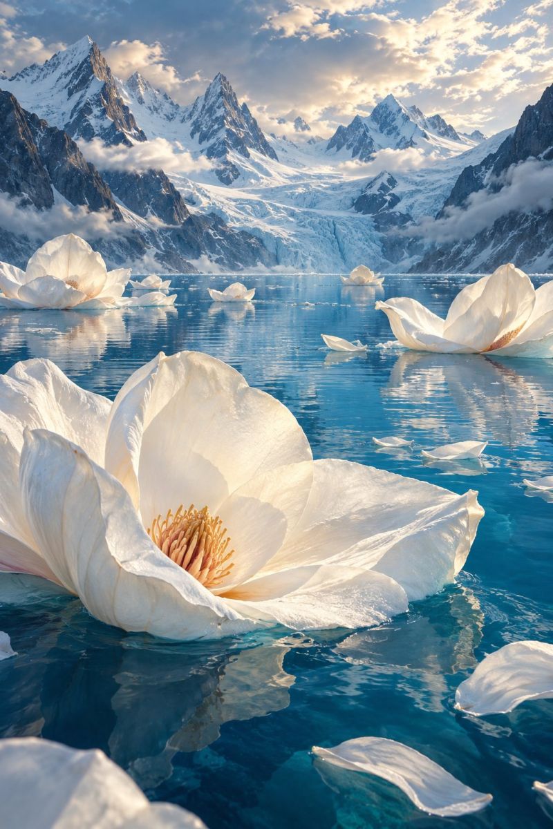 Fleur eau lac montagne ciel nuage glacier glace reflet petale nature air beaute flore floral design arrangement Au premier plan, une grande fleur blanche aux larges pétales flotte sur un plan d'eau bleu calme. Le centre de la fleur est jaune vif avec une grappe d'étamines. Autour de la fleur, plusieurs autres fleurs blanches flottent sur l'eau, dont certaines semblent partiellement submergées. L'eau reflète le ciel, qui est un mélange de nuages bleus et blancs. En arrière-plan, une chaîne de montagnes majestueuse avec des sommets enneigés et un glacier visible, ajoute au paysage serein et pittoresque.